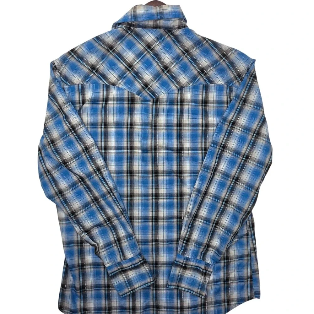 Wrangler Mens Western Snap Shirt Blue Plaid Metallic Thread Long Sleeve Medium